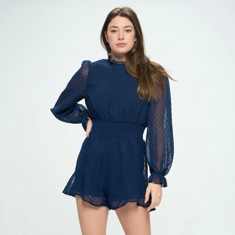 NWOT Colletta Navy Swiss Dot Romper Long Sleeve Romantic Coastal Grandma Boho